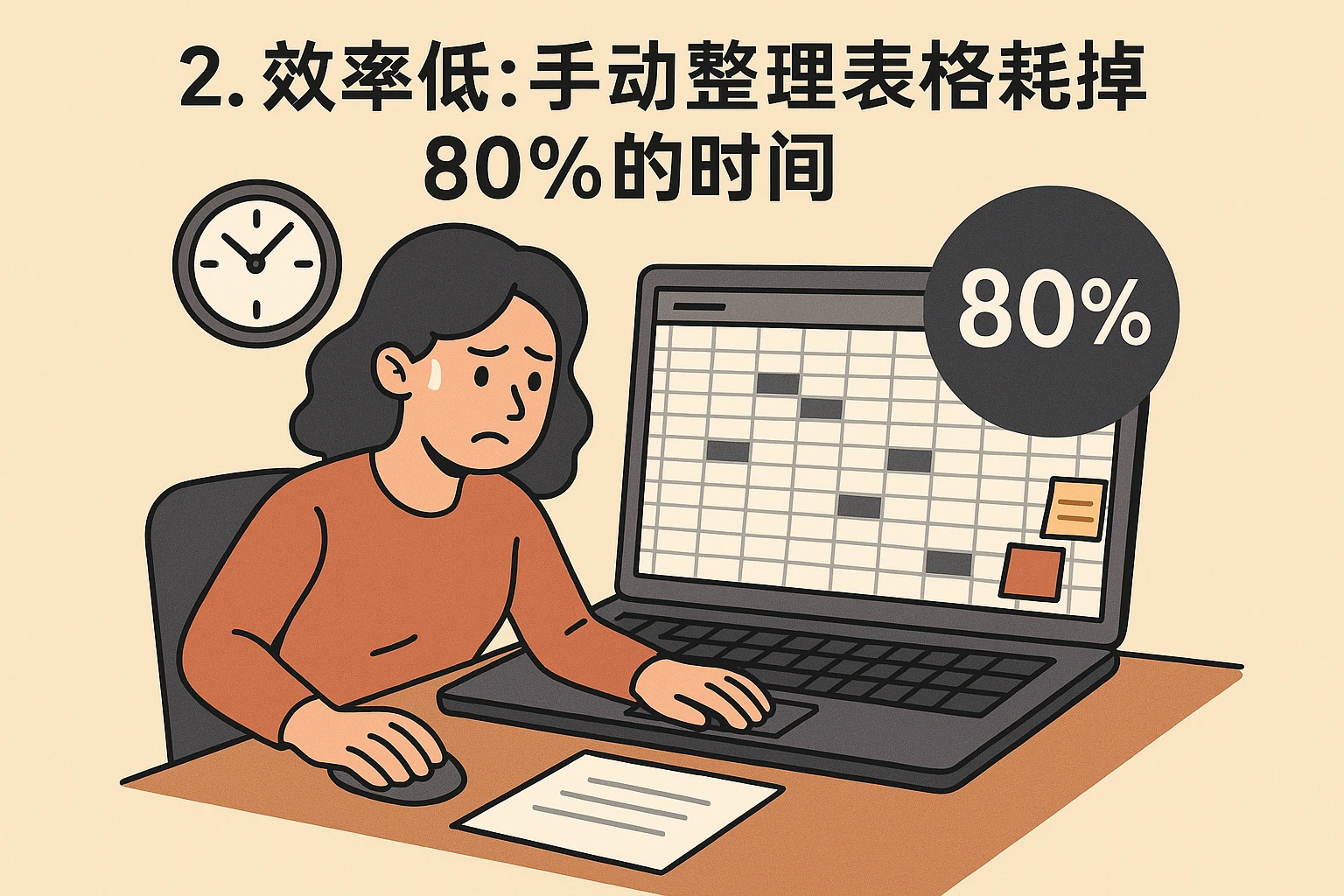2. 效率低：手动整理表格耗掉80%的时间
