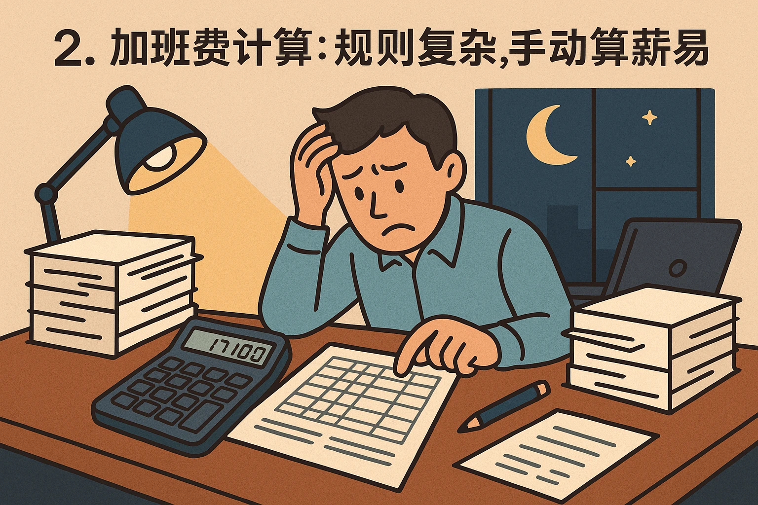 2. 加班费计算：规则复杂，手动算薪易漏项