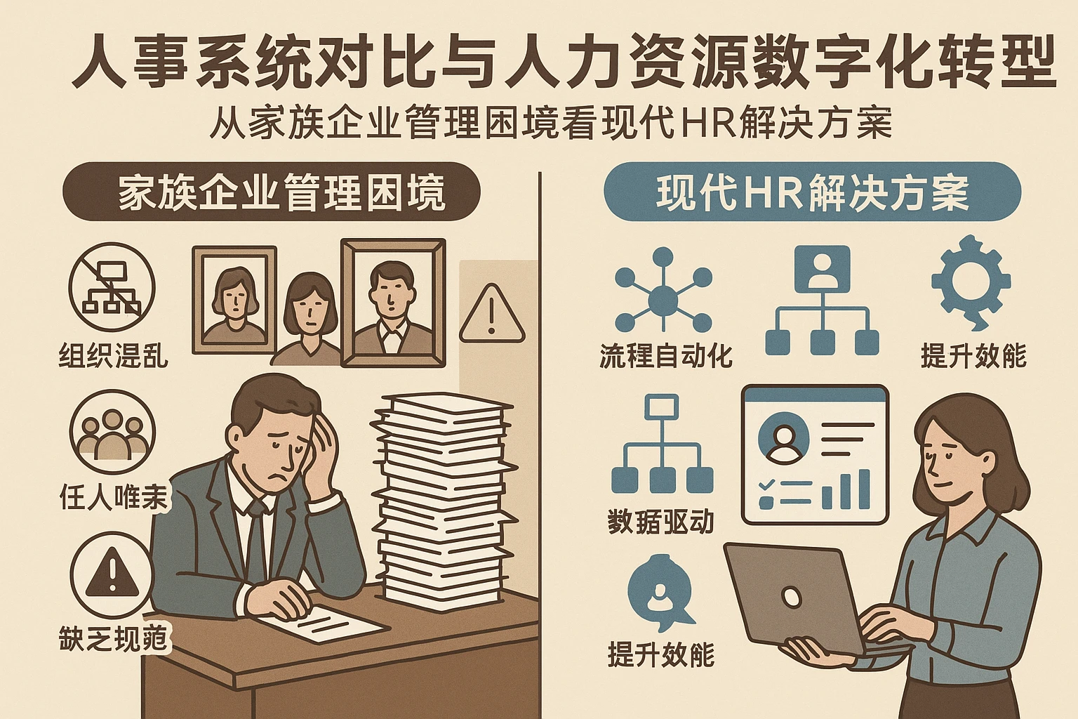 人事系统对比与人力资源数字化转型：从家族企业管理困境看现代HR解决方案