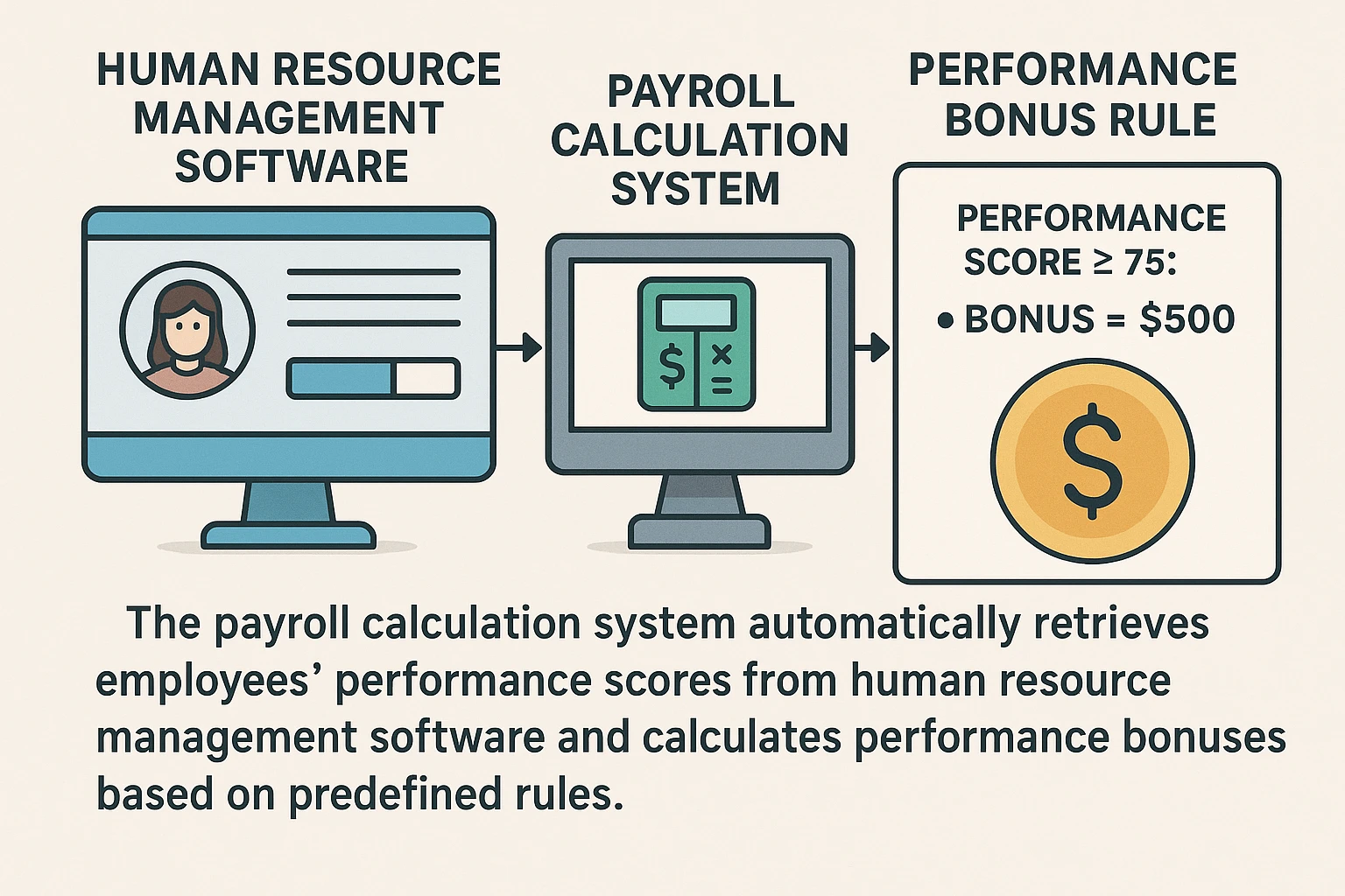 薪资核算系统会自动从人事管理软件中获取员工的绩效得分，并根据预设的规则计算绩效奖金。例如，某连锁零售企业的绩效奖金规则为：