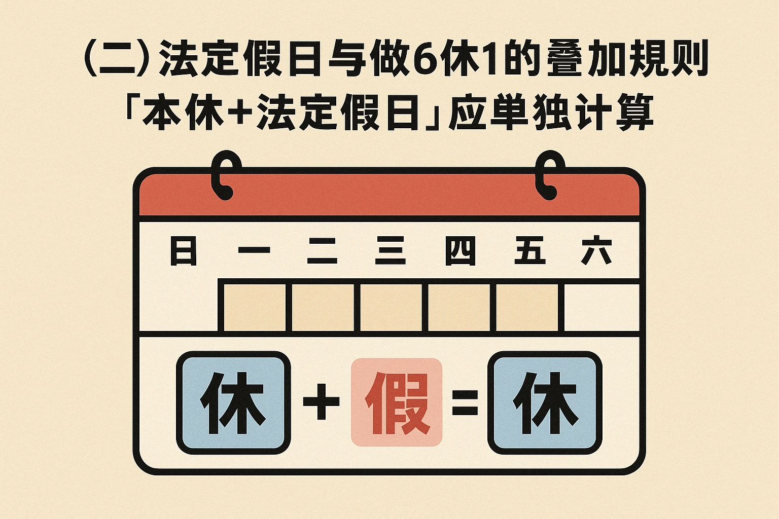 （二）法定假日与做6休1的叠加规则：“本休+法定假日”应单独计算