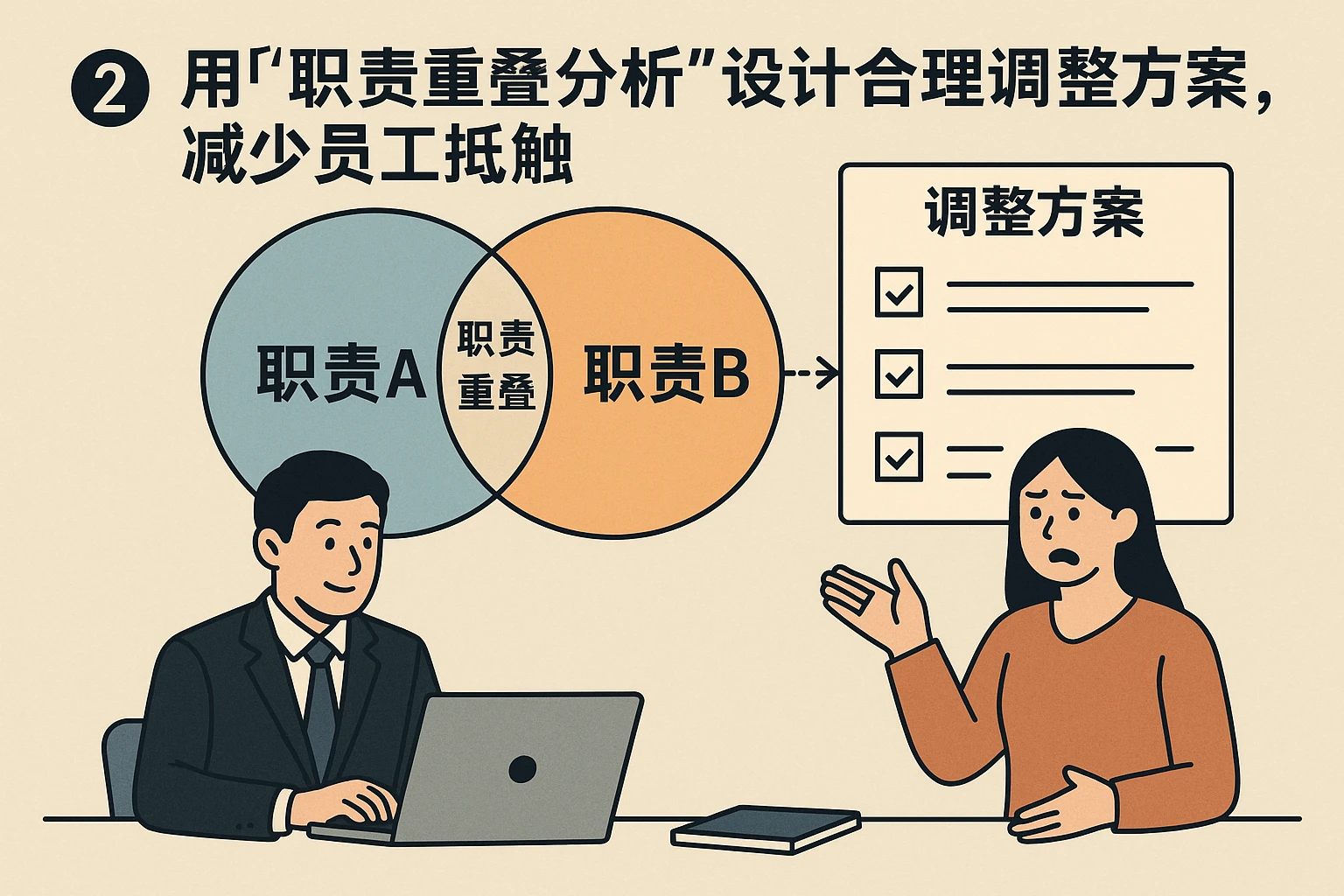 2. 用“职责重叠分析”设计合理调整方案，减少员工抵触
