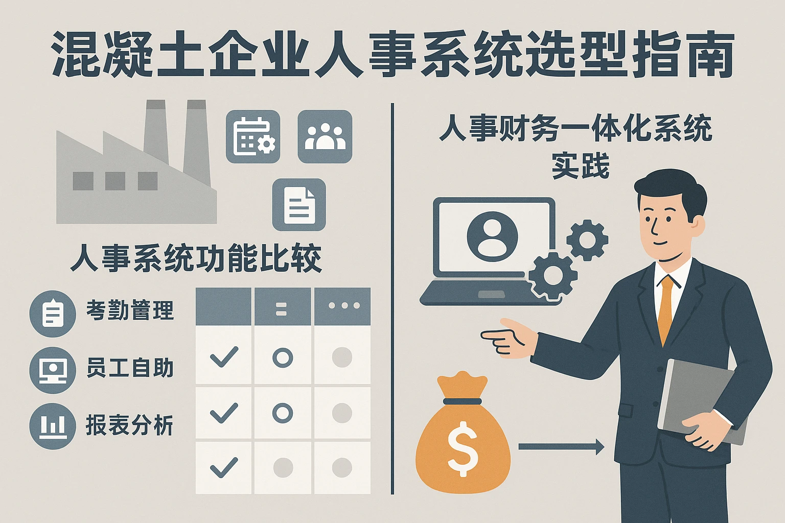 混凝土企业人事系统选型指南:人事系统功能比较与人事财务一体化系统实践