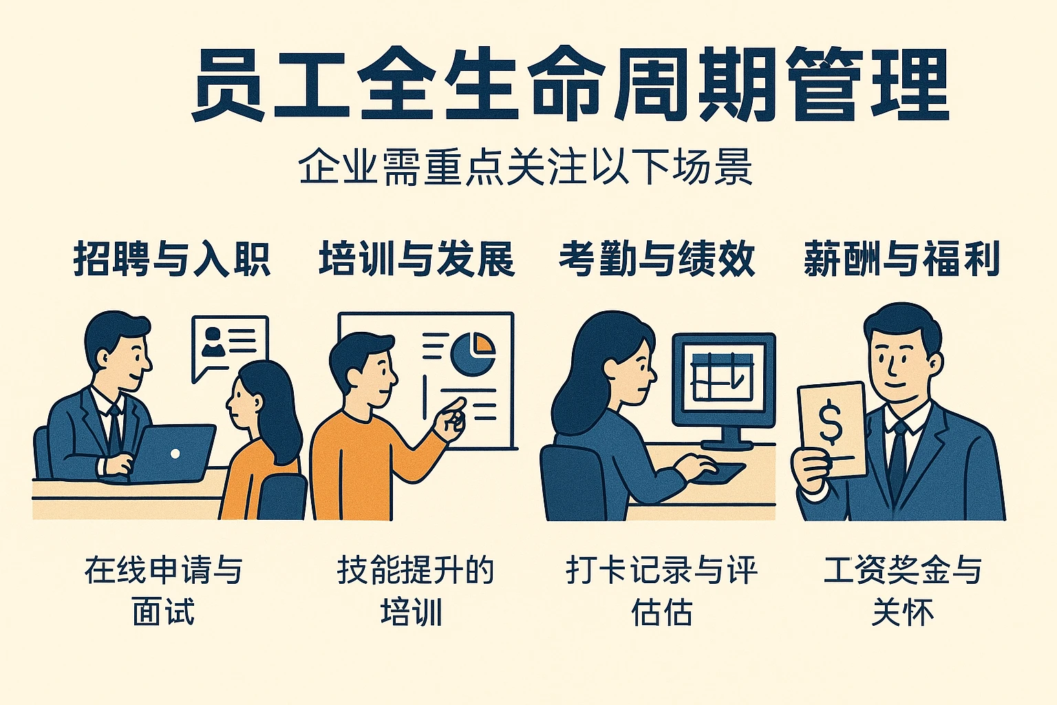 人事系统演示的内容需围绕“员工全生命周期管理”展开，企业需重点关注以下场景：