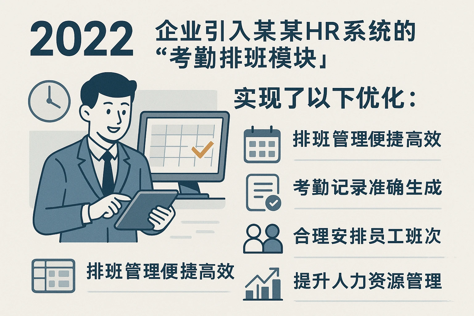 2022年，企业引入了某HR系统的“考勤排班模块”，实现了以下优化：
