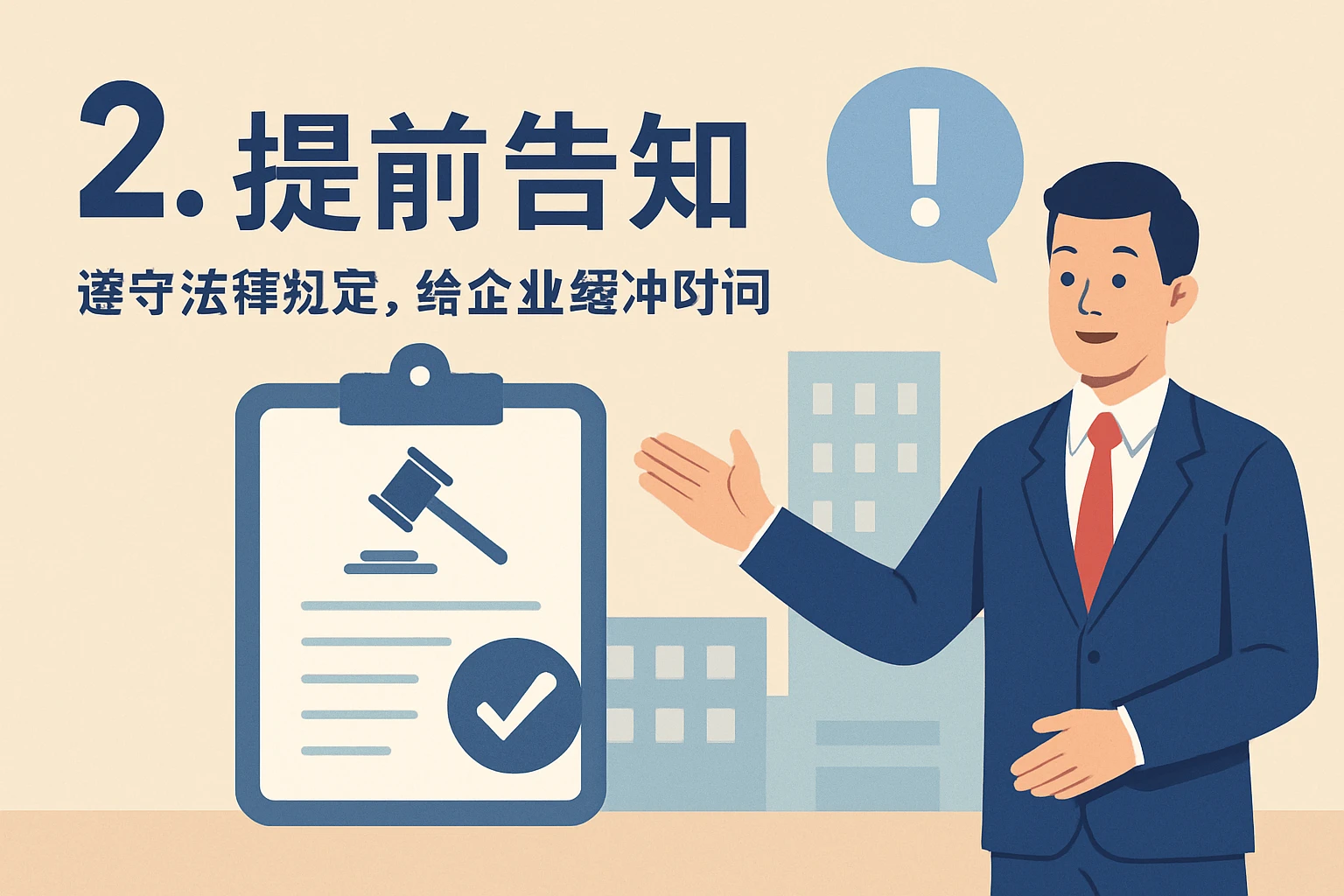 2. 提前告知：遵守法律规定，给企业缓冲时间