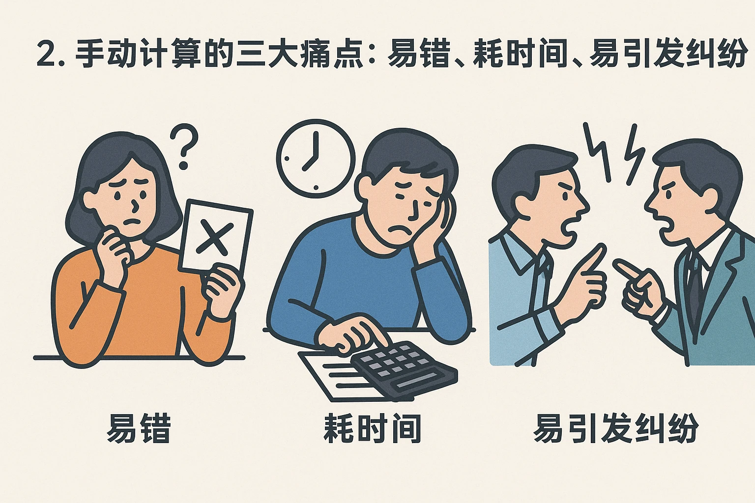 2. 手动计算的三大痛点：易错、耗时间、易引发纠纷