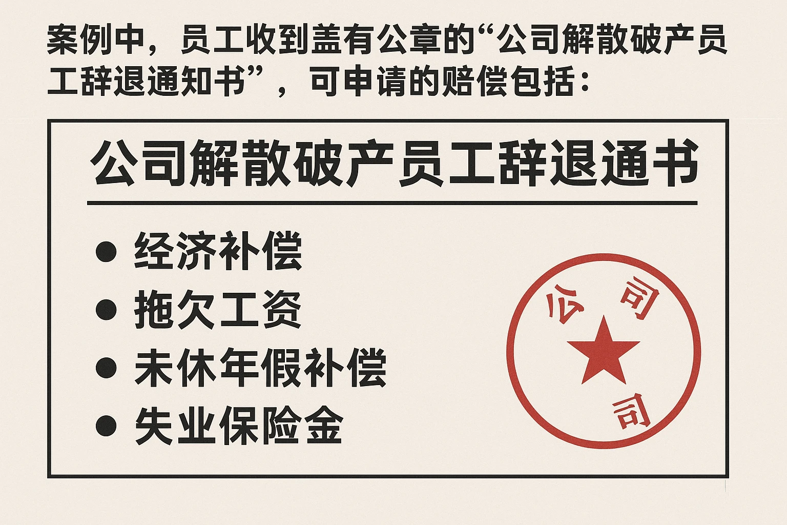 案例中，员工收到盖有公章的“公司解散破产员工辞退通知书”，可申请的赔偿包括：