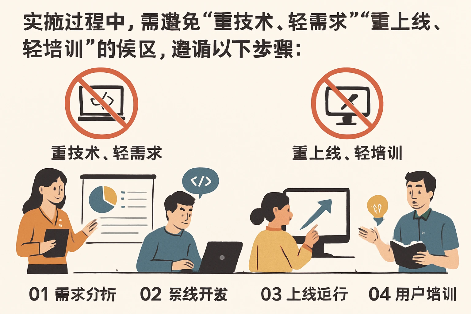 实施过程中，需避免“重技术、轻需求”“重上线、轻培训”的误区，遵循以下步骤：