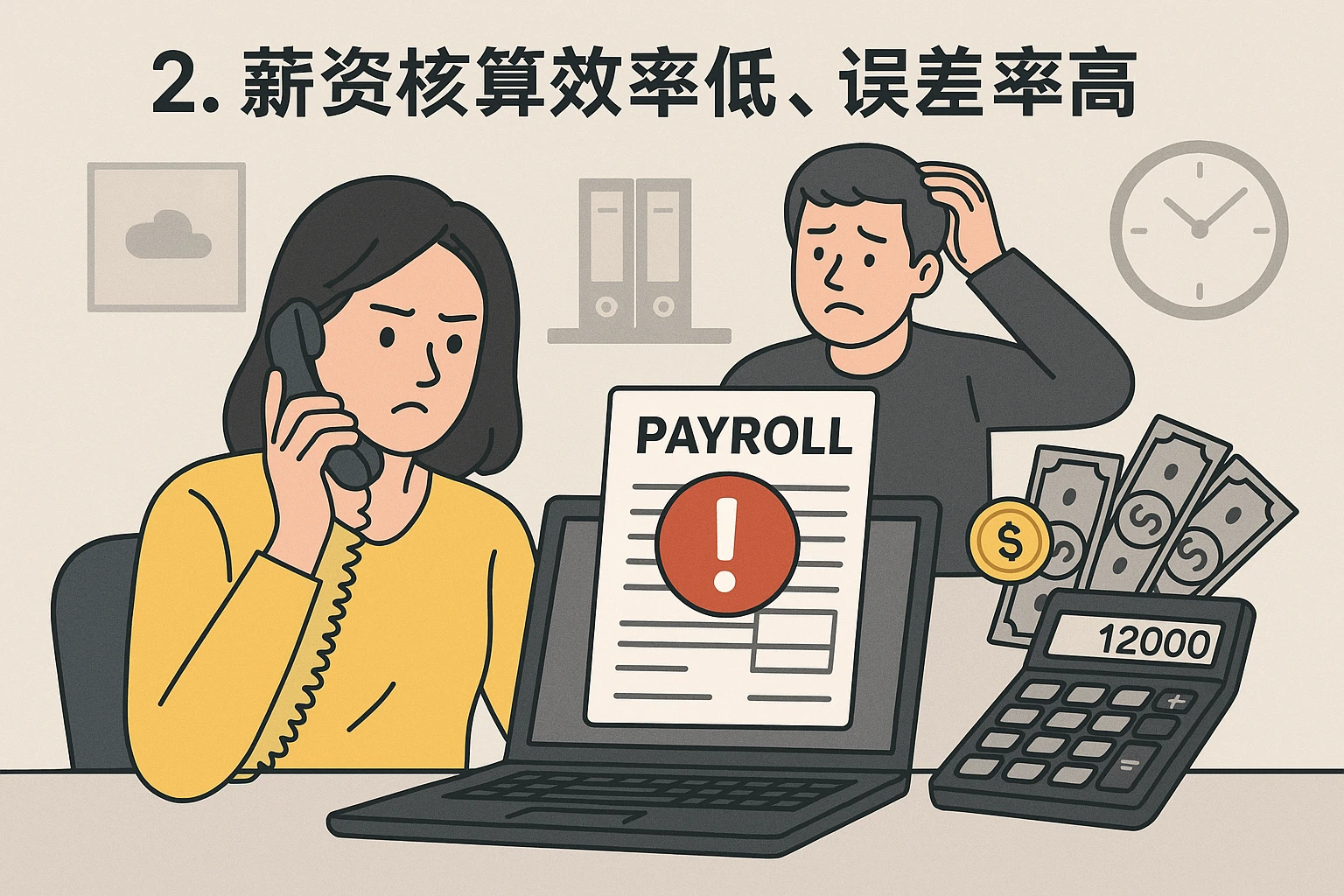 2. 薪资核算效率低，误差率高