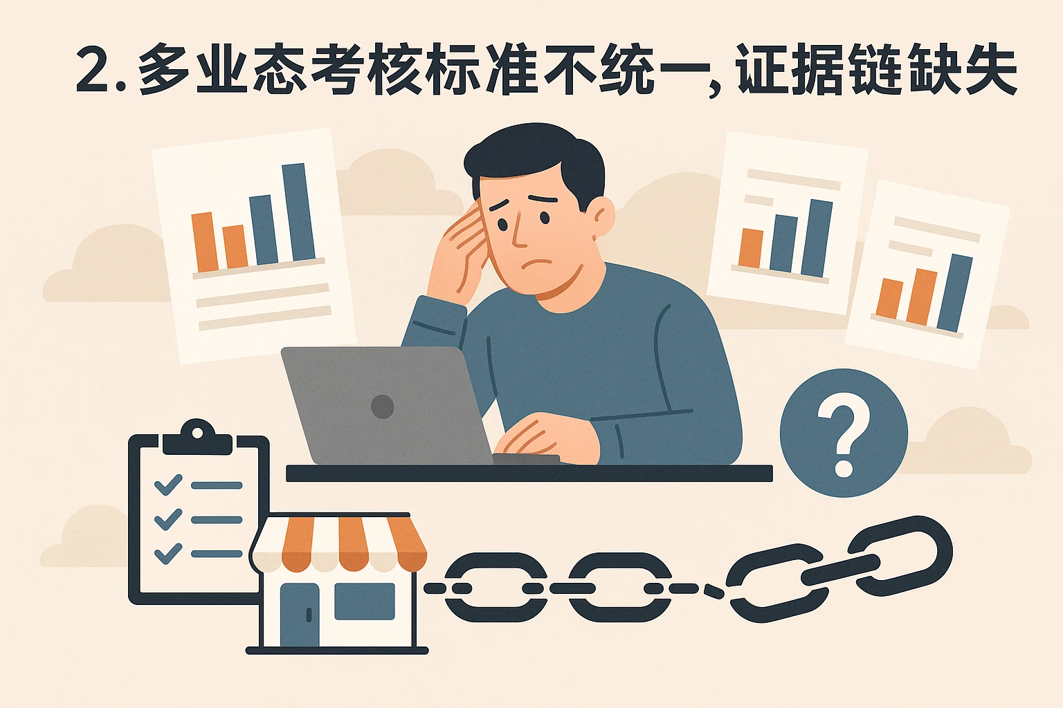 2. 多业态考核标准不统一,证据链缺失