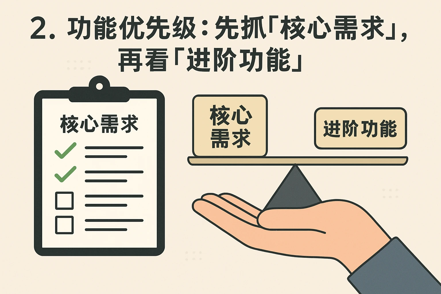 2. 功能优先级：先抓“核心需求”，再看“进阶功能”
