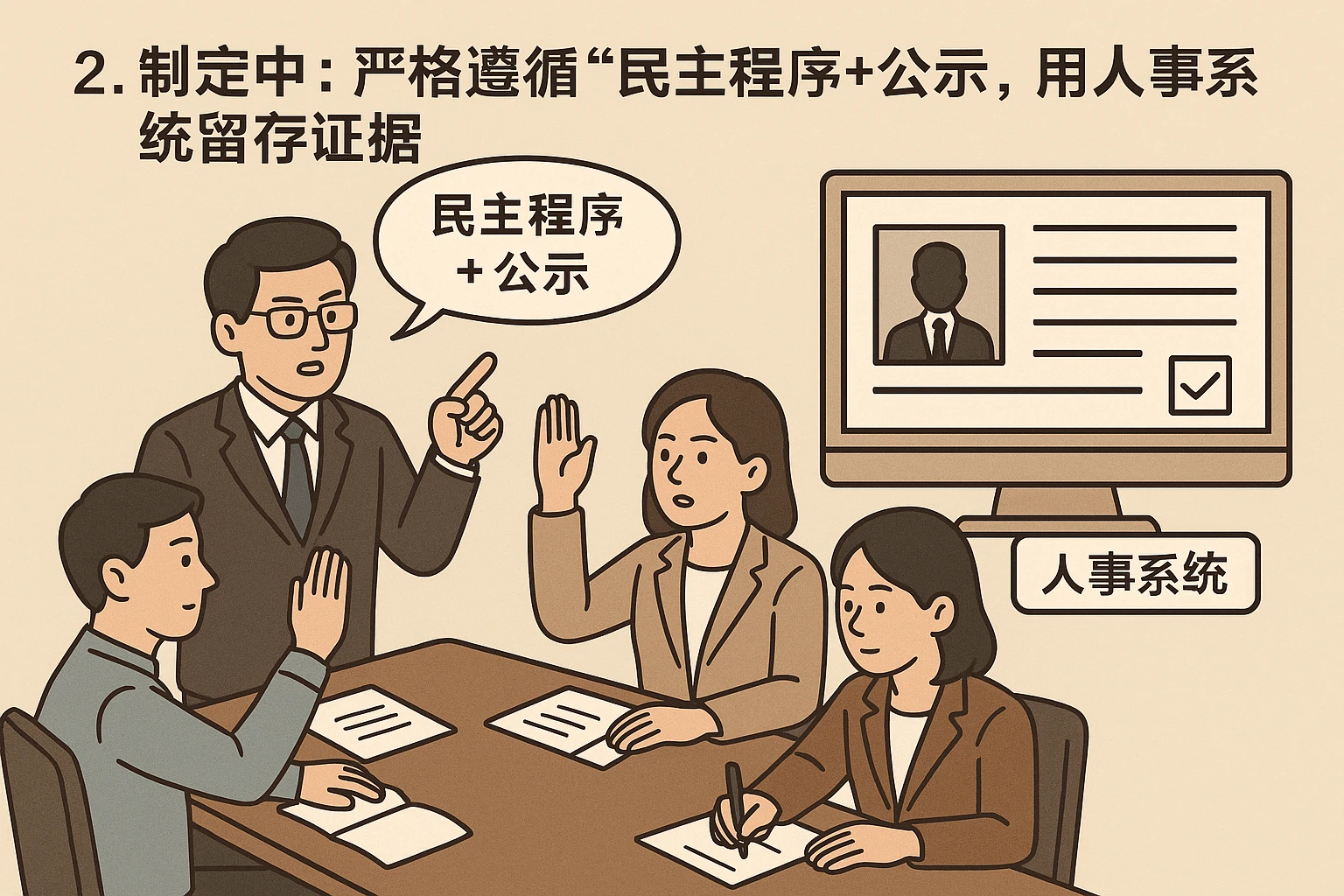 2. 制定中:严格遵循“民主程序+公示”,用人事系统留存证据