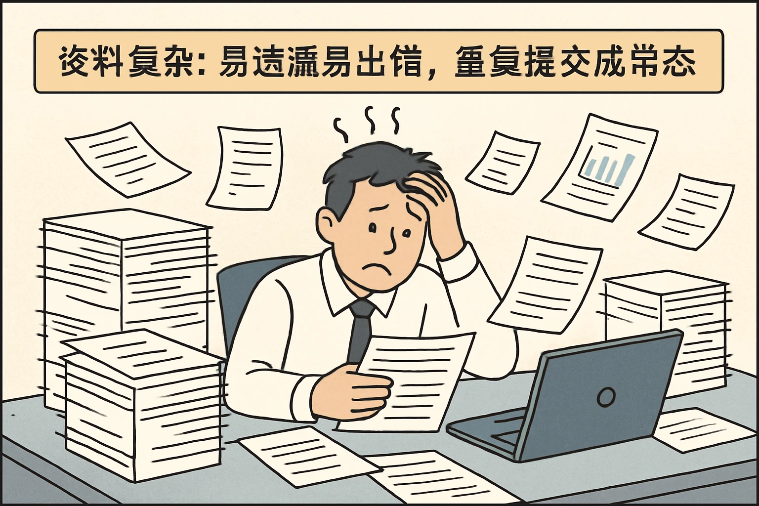 2. 资料复杂：易遗漏易出错，重复提交成常态