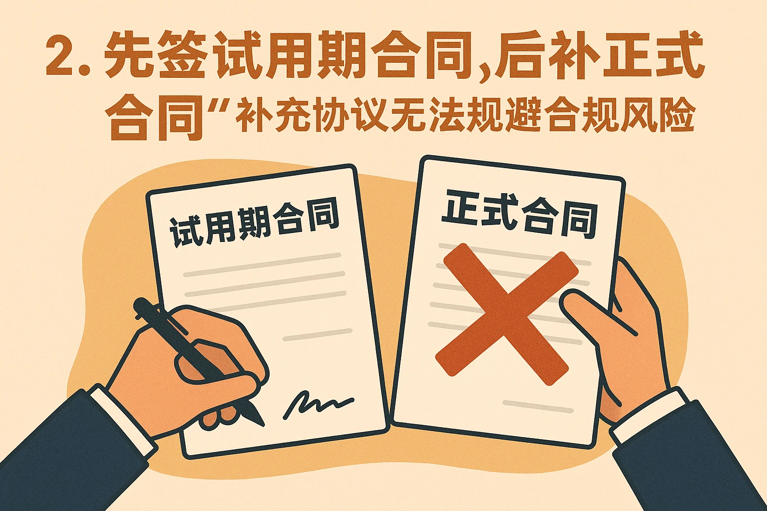 2. “先签试用期合同，后补正式合同”：补充协议无法规避合规风险