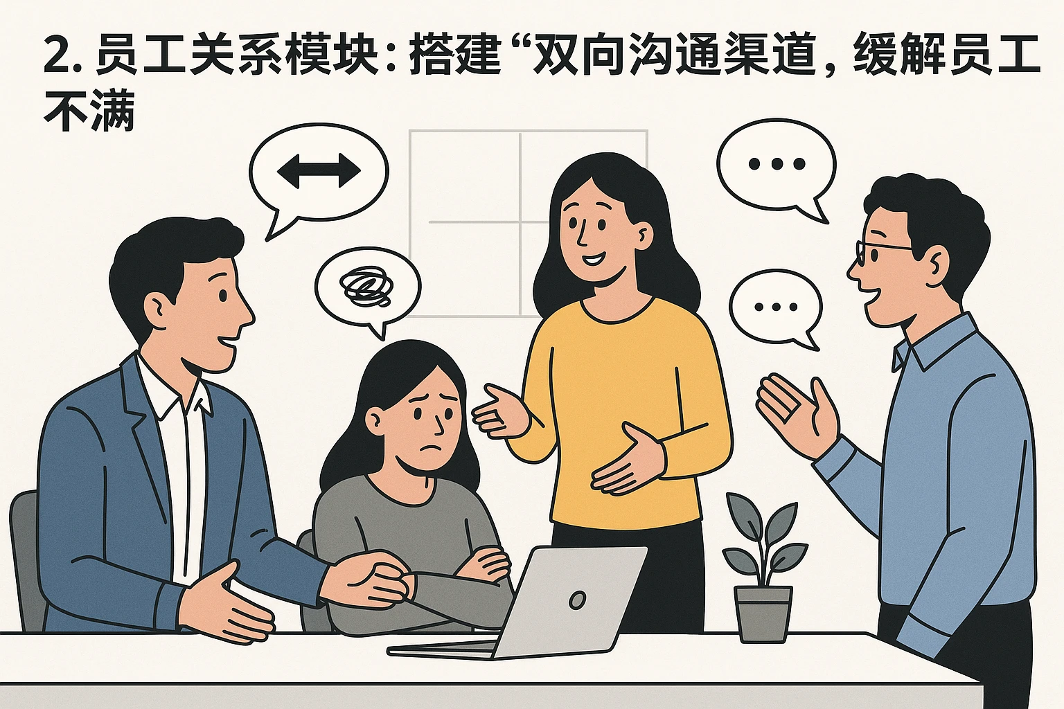 2. 员工关系模块:搭建“双向沟通渠道”,缓解员工不满