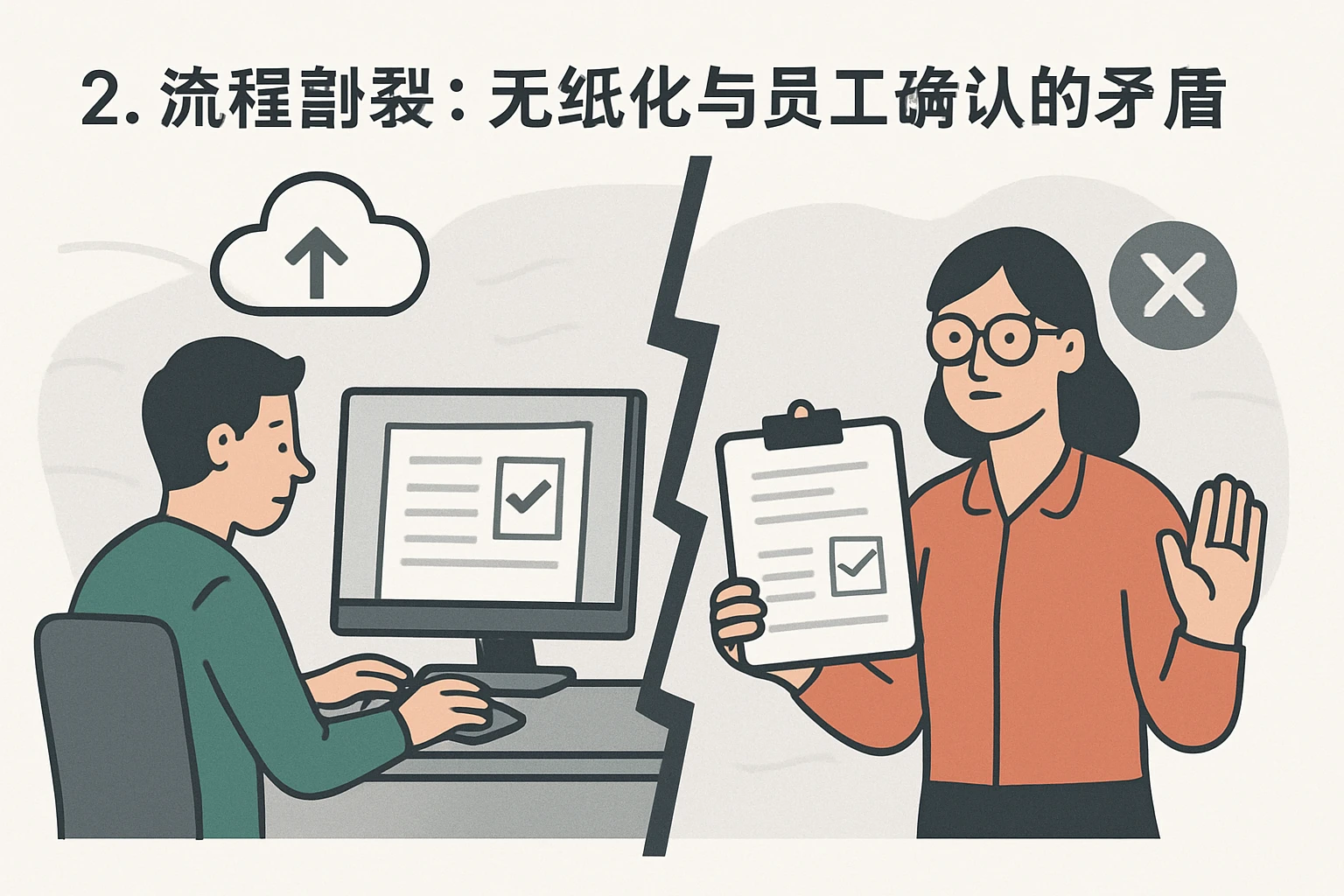 2. 流程割裂：无纸化与员工确认的矛盾