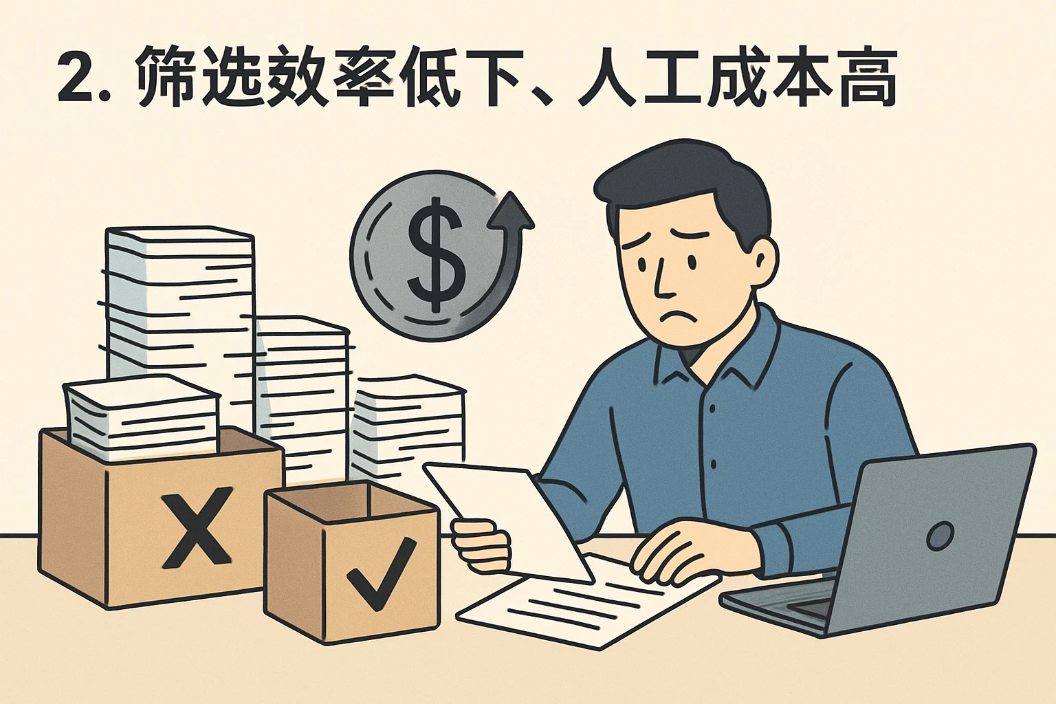 2. 筛选效率低下，人工成本高