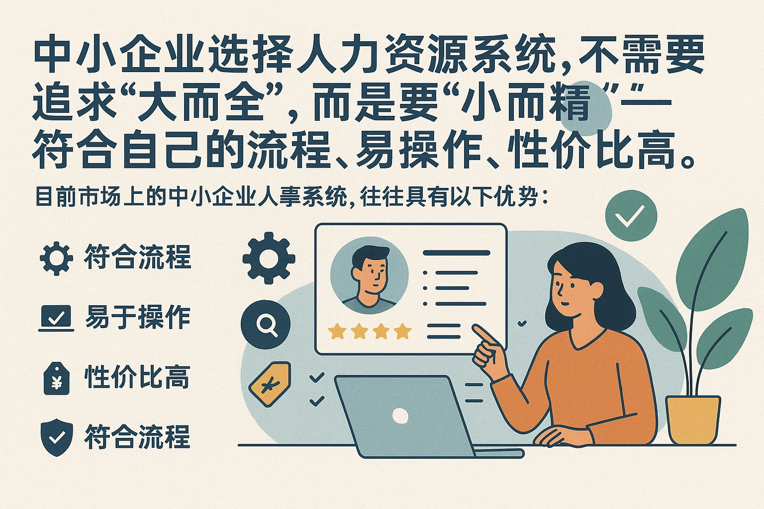 中小企业选择人力资源系统,不需要追求“大而全”,而是要“小而精”——符合自己的流程、易操作、性价比高。目前市场上的中小企业人事系统,往往具有以下优势: