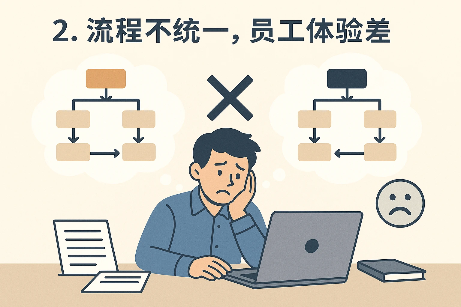 2. 流程不统一，员工体验差