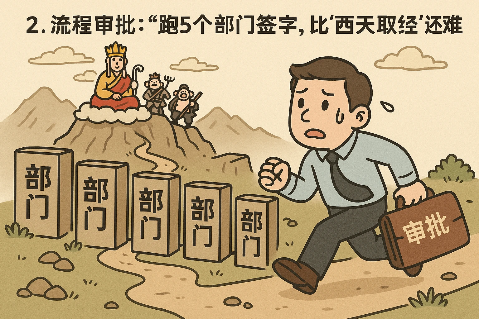 2. 流程审批:“跑5个部门签字,比‘西天取经’还难”