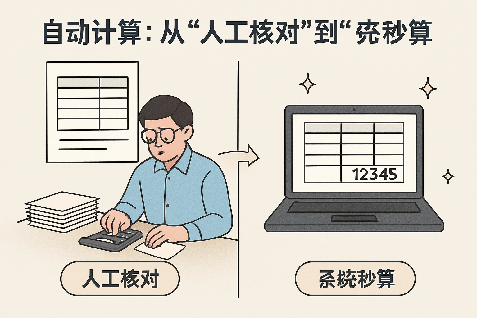 2. 自动计算:从“人工核对”到“系统秒算”
