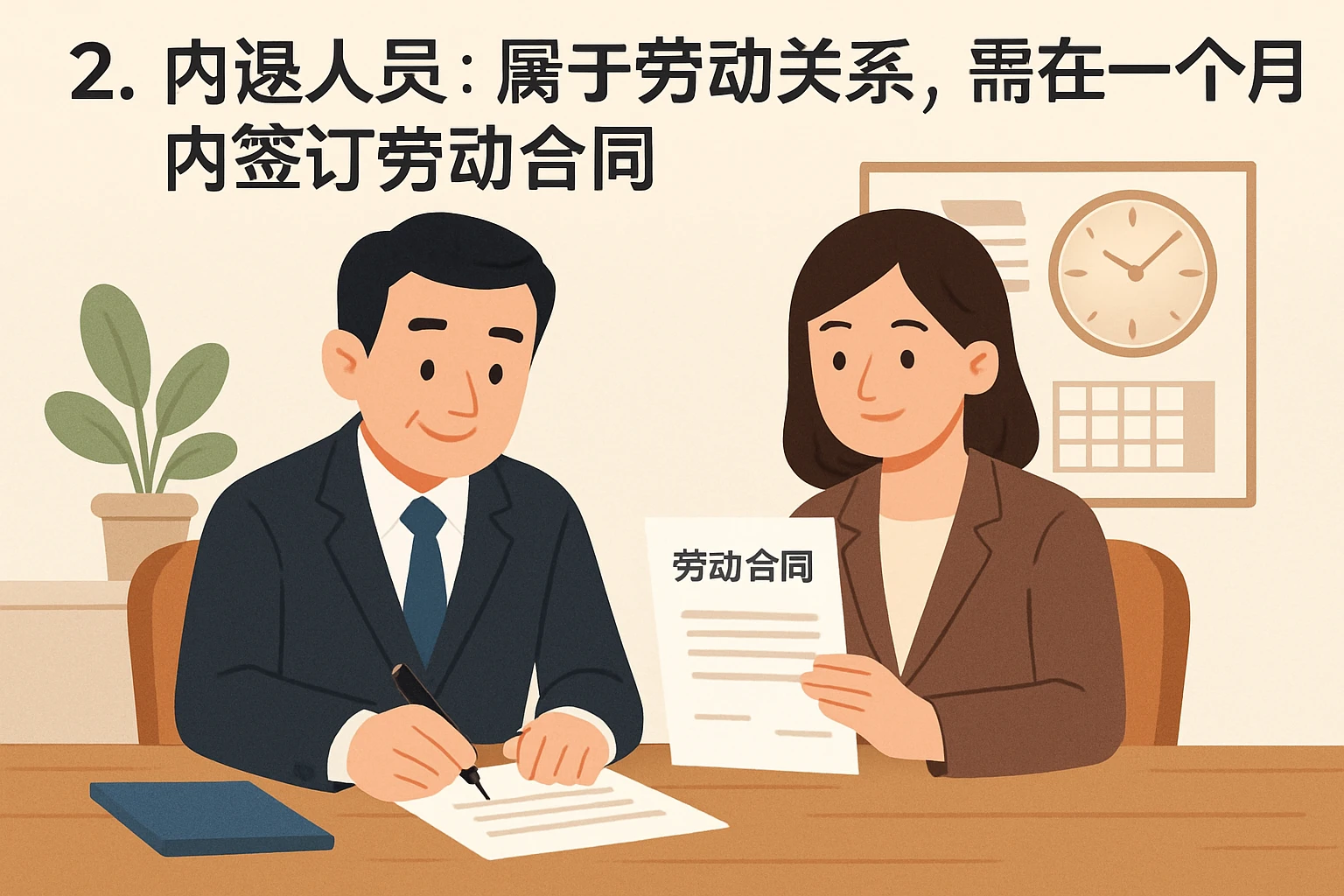 2. 内退人员：属于劳动关系，需在一个月内签订劳动合同
