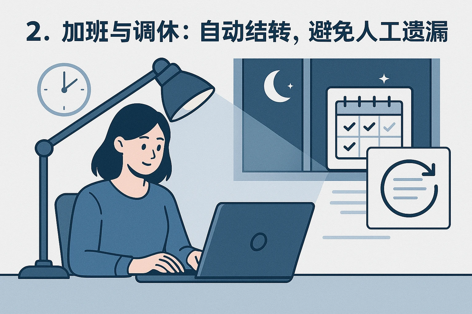 2. 加班与调休：自动结转，避免人工遗漏