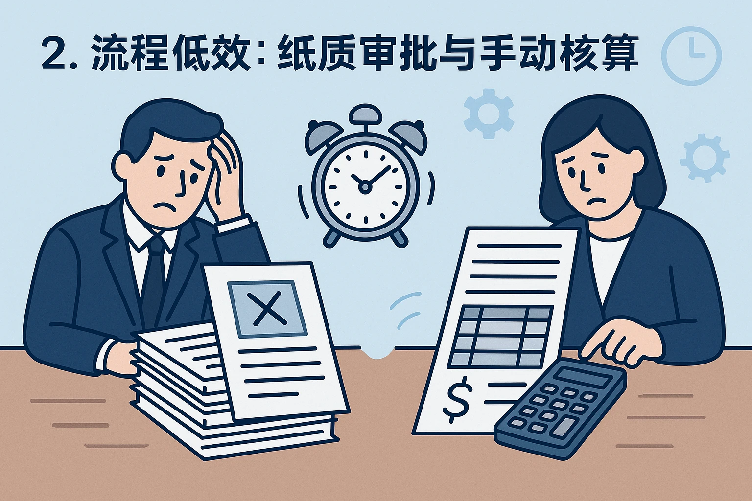 2. 流程低效：纸质审批与手动核算