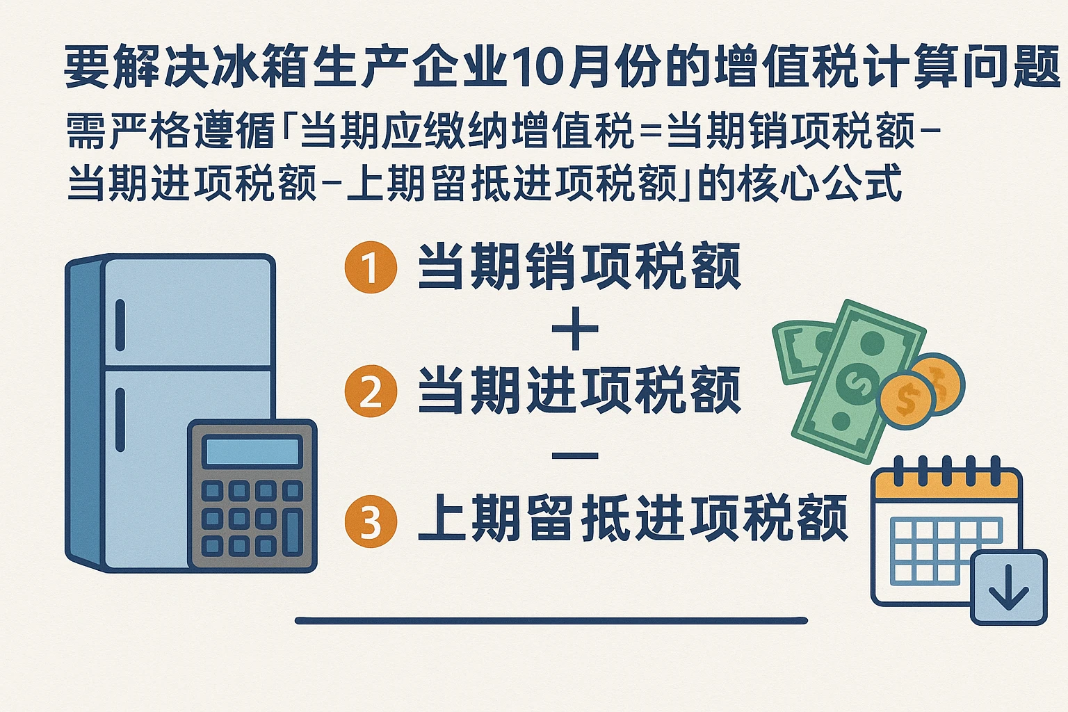 要解决冰箱生产企业10月份的增值税计算问题，需严格遵循“当期应缴纳增值税=当期销项税额-当期进项税额-上期留抵进项税额”的核心公式，分步骤拆解销项税额、进项税额及留抵税额的确认逻辑。