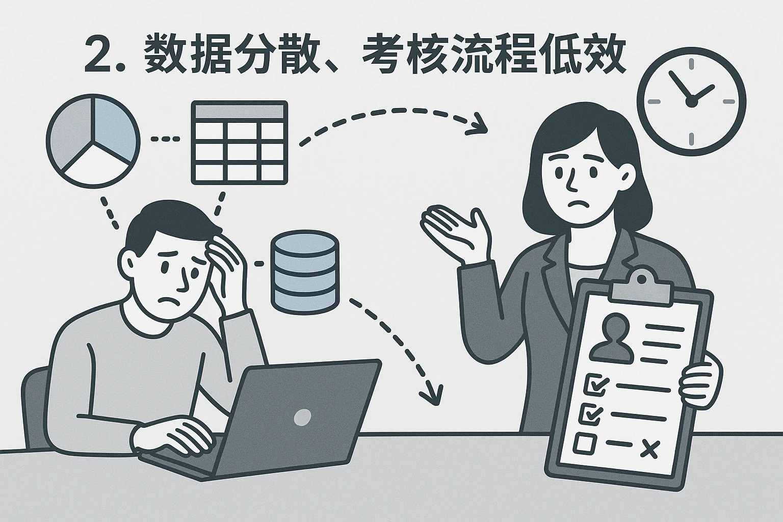 2. 数据分散,考核流程低效