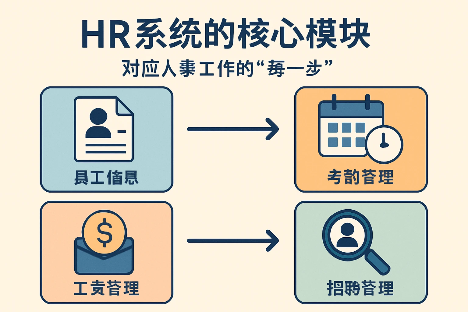 2. HR系统的核心模块，对应人事工作的“每一步”