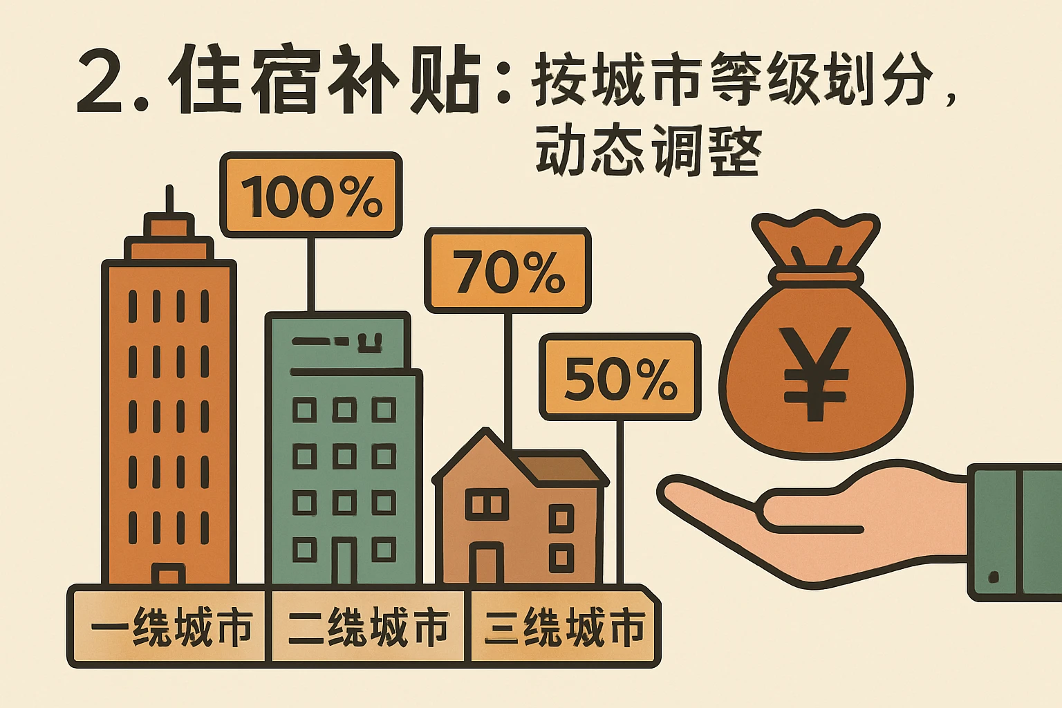 2. 住宿補貼：按城市等級劃分，動態調整