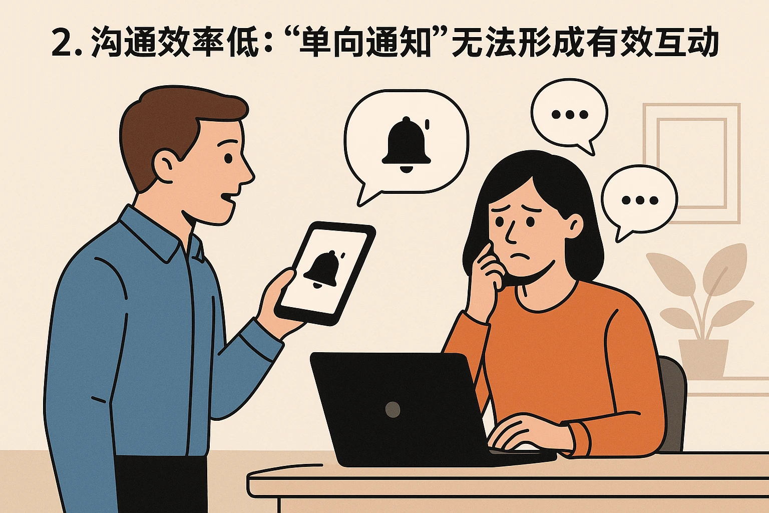 2. 沟通效率低：“单向通知”无法形成有效互动