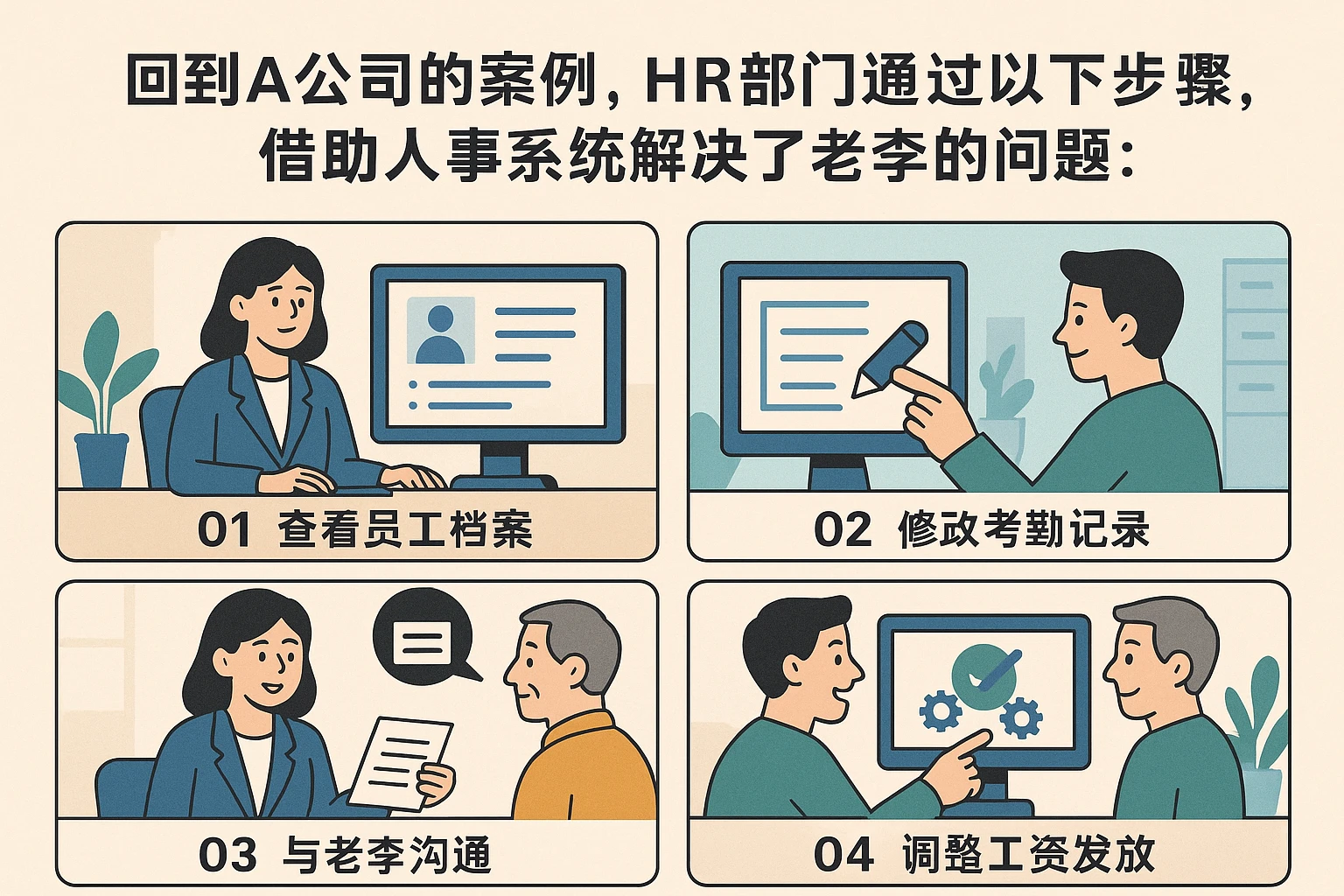 回到A公司的案例，HR部门通过以下步骤，借助人事系统解决了老李的问题：