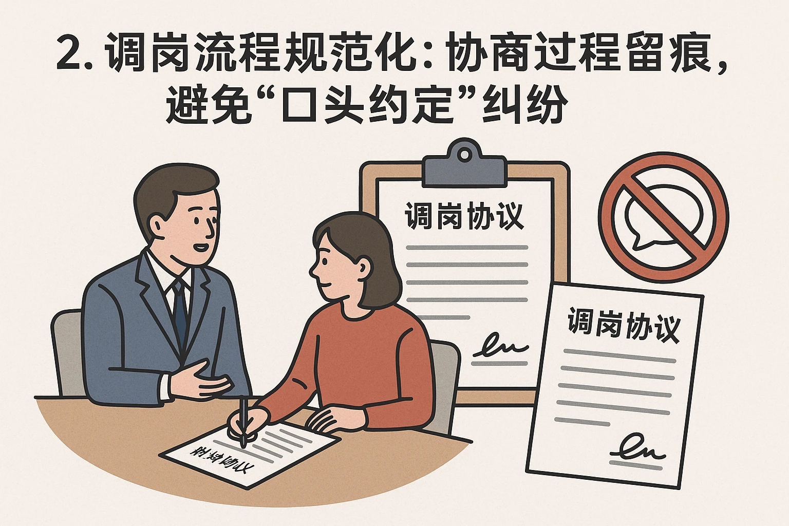 2. 调岗流程规范化：协商过程留痕，避免“口头约定”纠纷