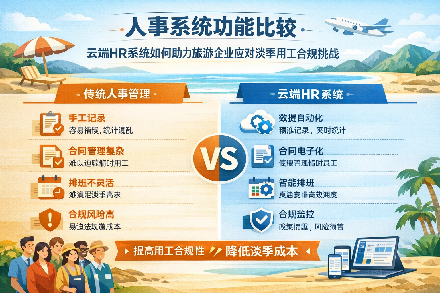 人事系统功能比较：云端HR系统如何助力旅游企业应对淡季用工合规挑战