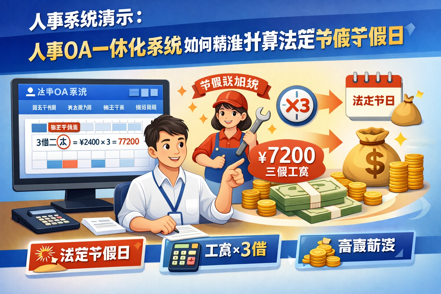 人事系统演示:人事OA一体化系统如何精准计算法定节假日三倍工资
