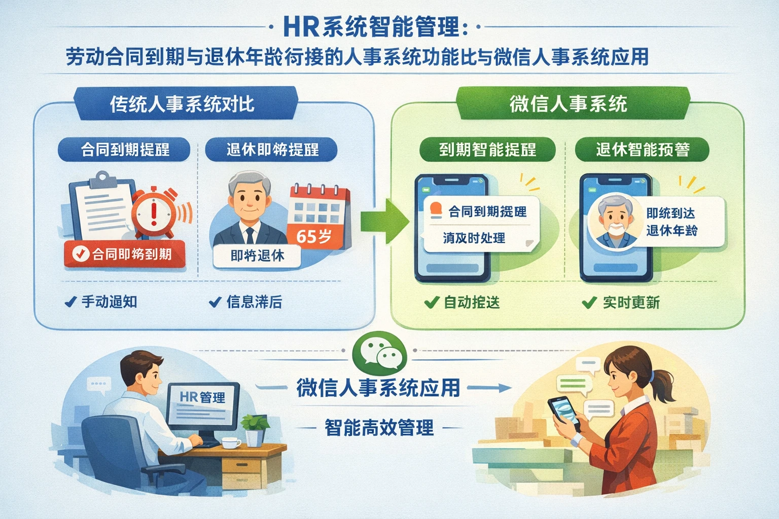 HR系统智能管理：劳动合同到期与退休年龄衔接的人事系统功能比较与微信人事系统应用