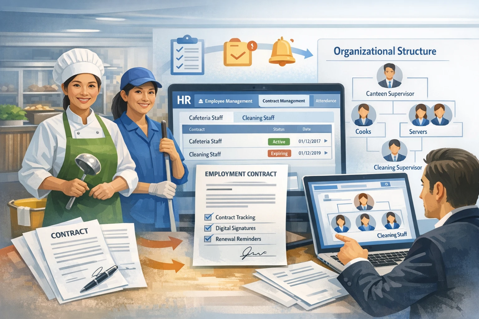 如何通过HR管理软件优化食堂与保洁人员的合同管理及组织架构设计