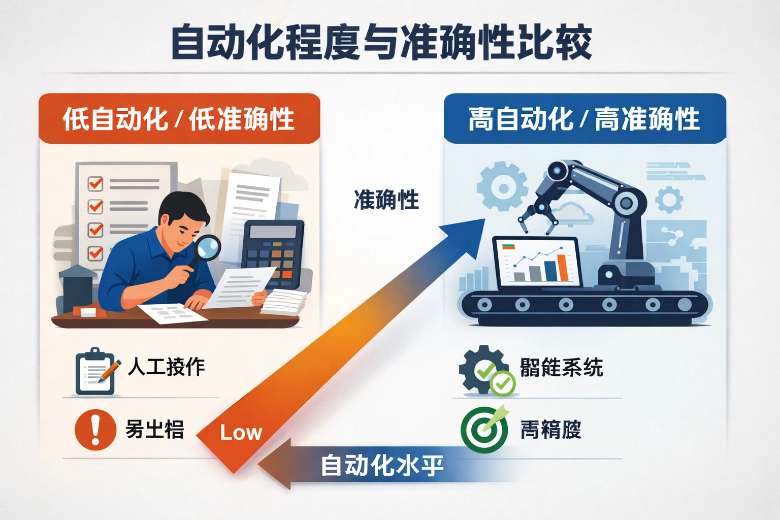 自动化程度与准确性比较