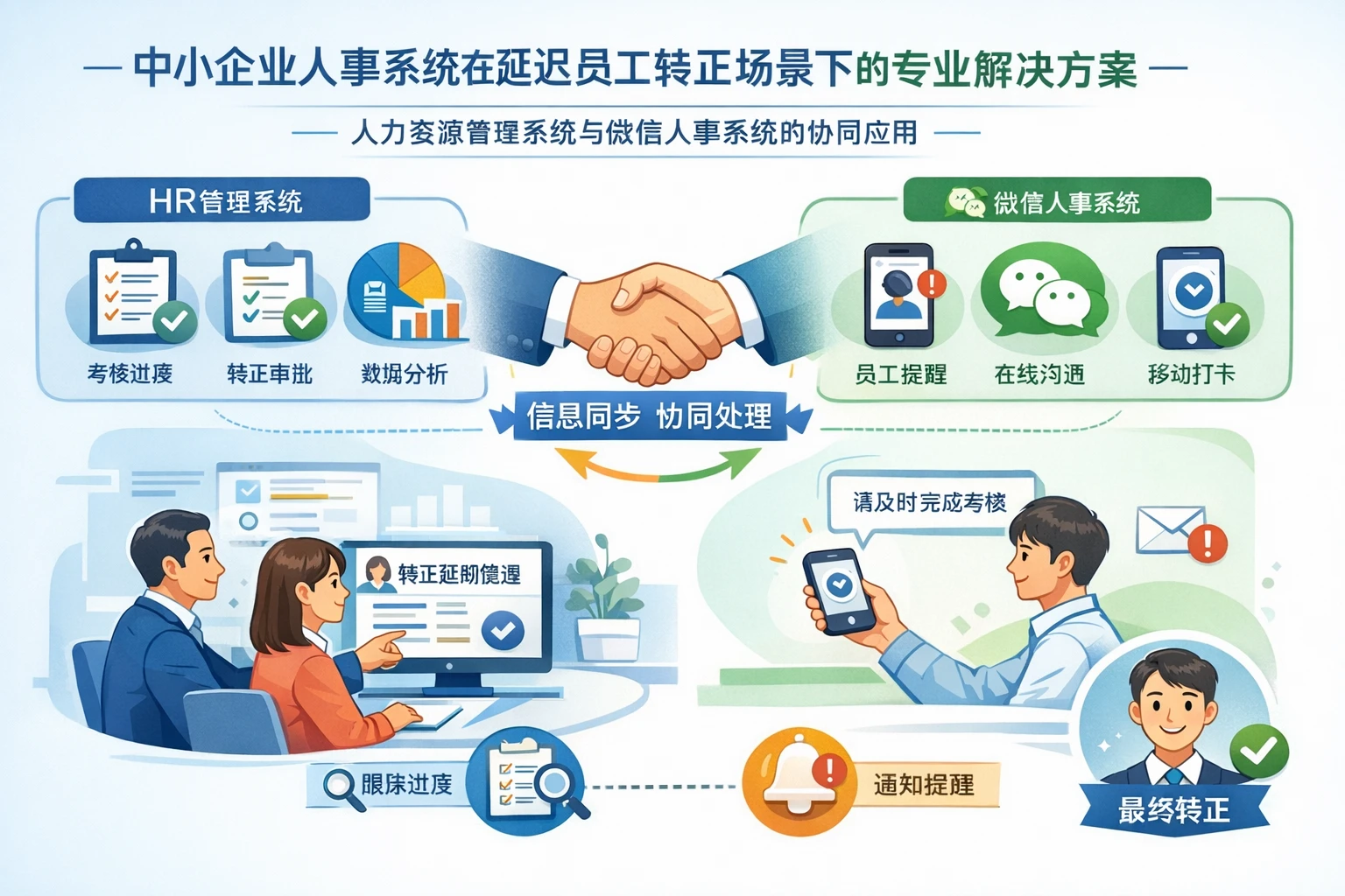 中小企业人事系统在延迟员工转正场景下的专业解决方案 - 人力资源管理系统与微信人事系统的协同应用
