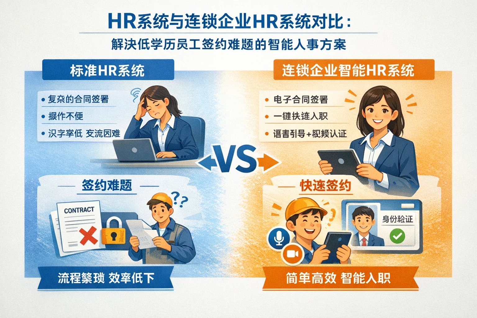 HR系统与连锁企业HR系统对比：解决低学历员工签约难题的智能人事方案