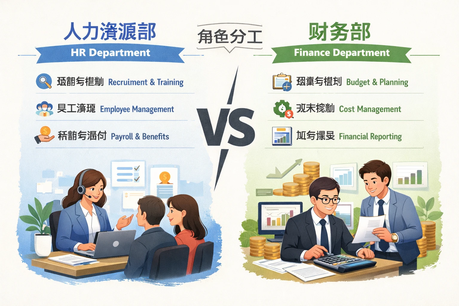 人力资源部和财务部分别承担什么角色