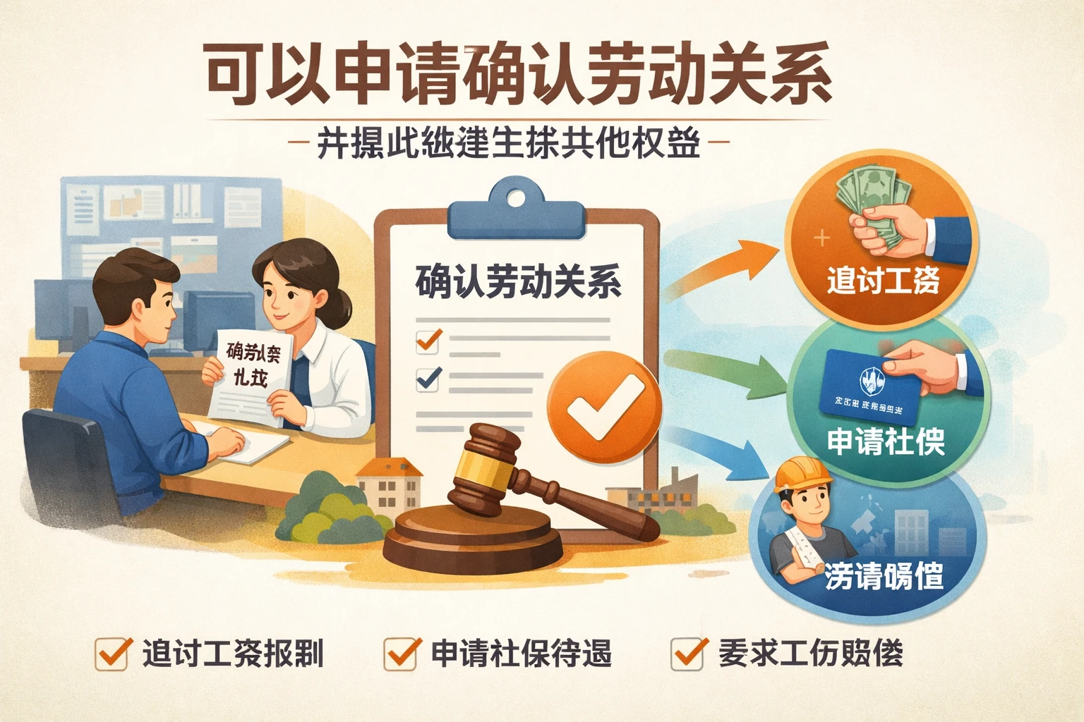 可以申请确认劳动关系,并据此继续主张其他权益