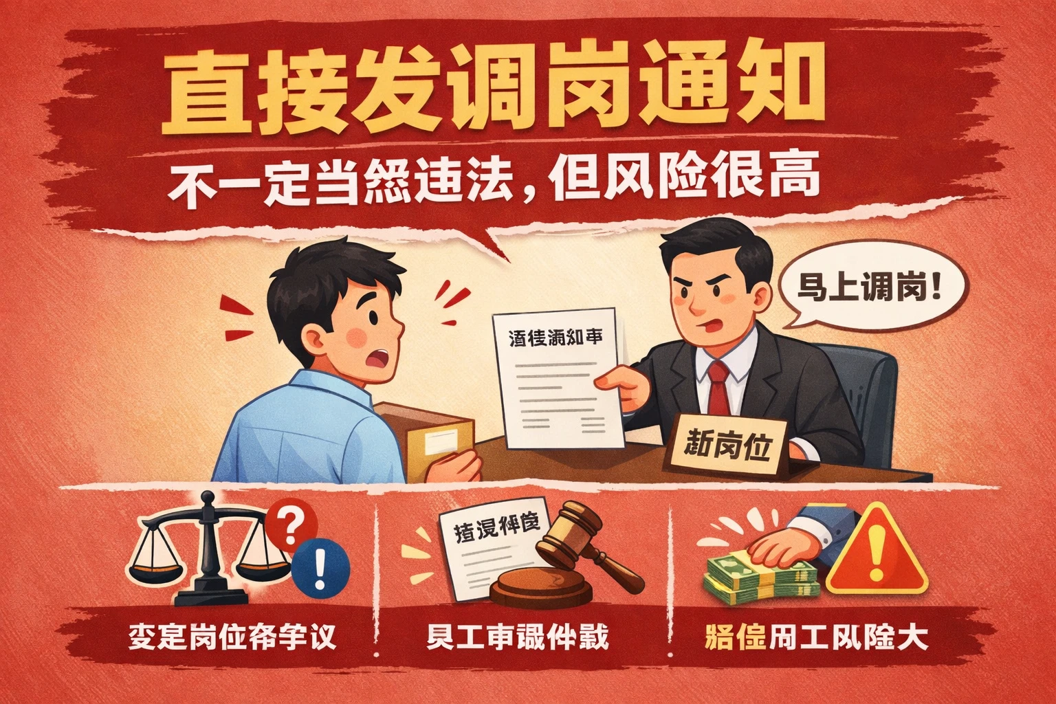 直接发调岗通知，不一定当然违法，但风险很高