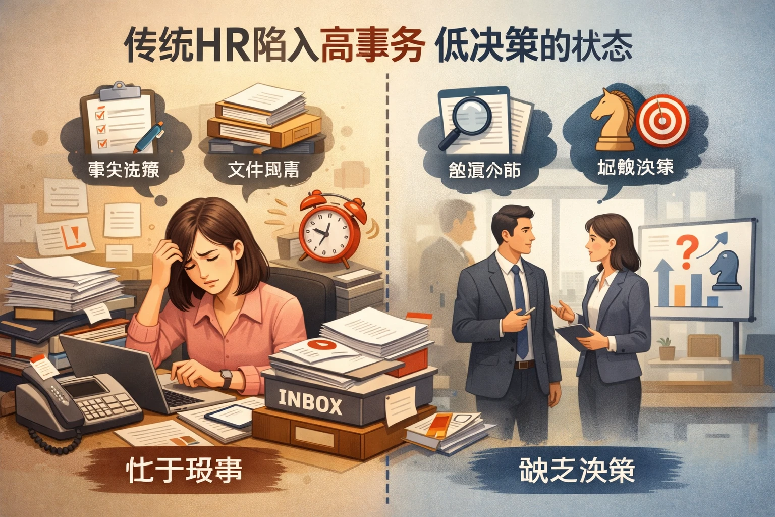 传统HR容易陷入高事务、低决策的状态