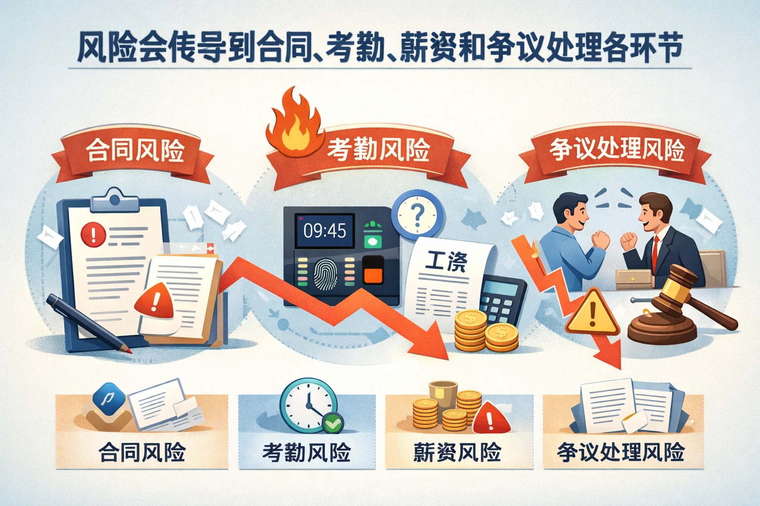 风险会传导到合同、考勤、薪资和争议处理各环节