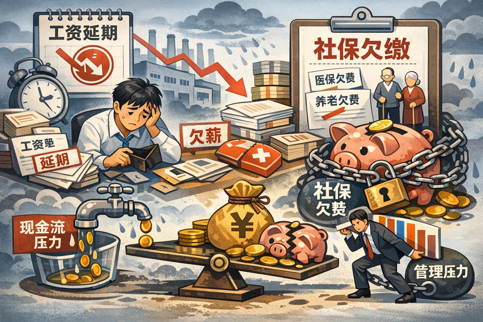 工资延迟发放与社保欠缴情形，说明现金流和管理双重承压