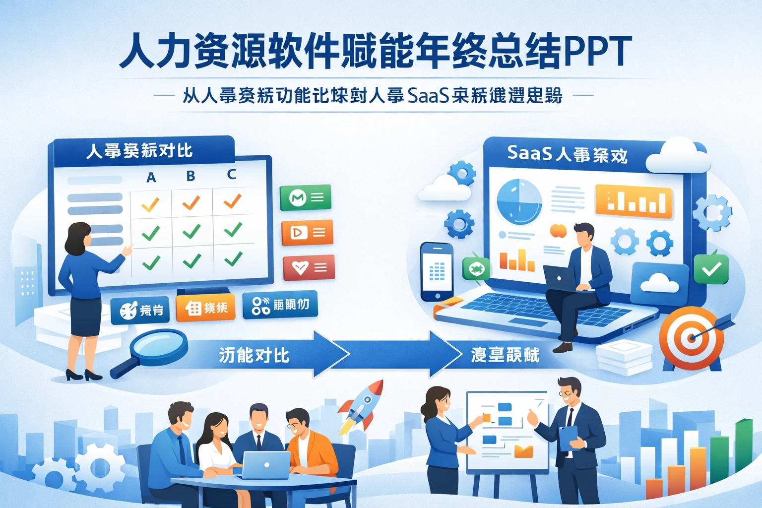 人力资源软件赋能年终总结PPT：从人事系统功能比较到人事SaaS系统选型思路